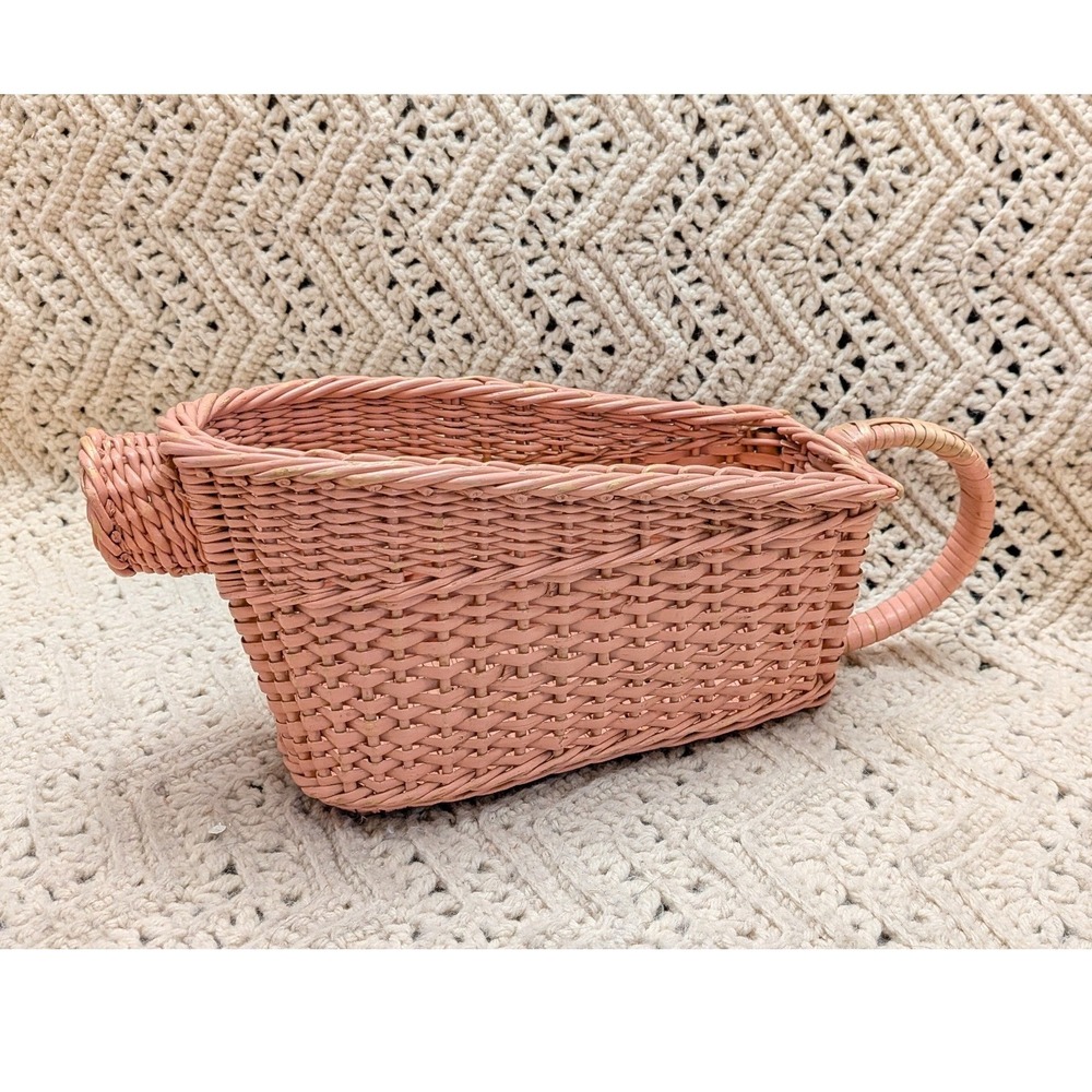 Vintage Pink Wicker Yarn Basket Scoop Shape Woven Storage with Handle